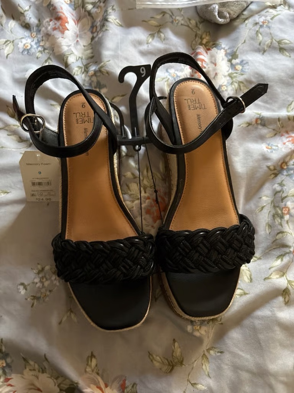 Time and Tru Black Braided Ankle-Strap Sandals